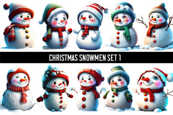 10 Cute Christmas Snowmen Set 1 Illustrations for Editors