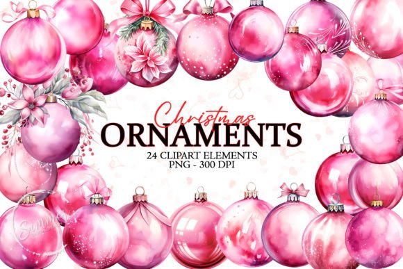 Christmas Balls, Pink Watercolor Clipart for Illustrations