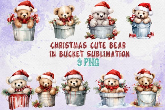 Christmas Cute Bear in Bucket Clipart for Modern Illustrations