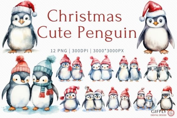 Christmas Cute Penguin Watercolor for Brand Illustrations