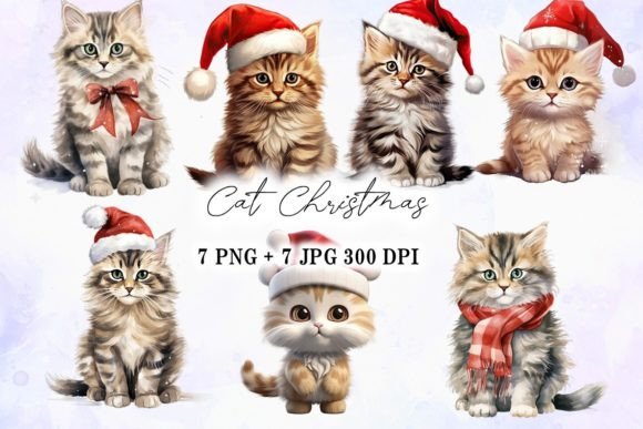 Christmas Pet Cat Animal Kitten in Xmas Illustrations