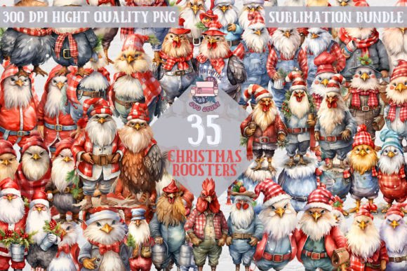 Christmas Roosters Bundle of 35 PNG: Essential Illustrations for Seasonal Content