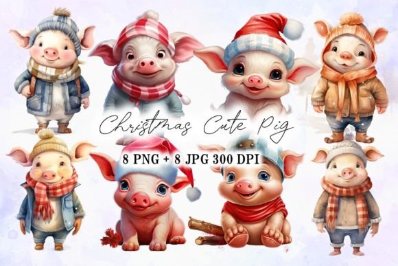 Cute Christmas Pig Character Set for Seasonal Illustrations