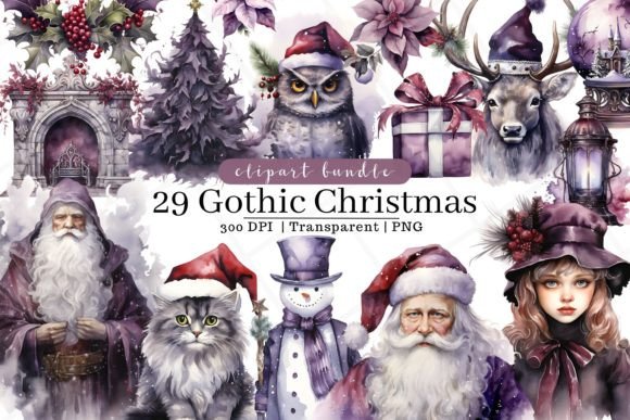 Gothic Christmas Watercolor Clipart for Illustrations