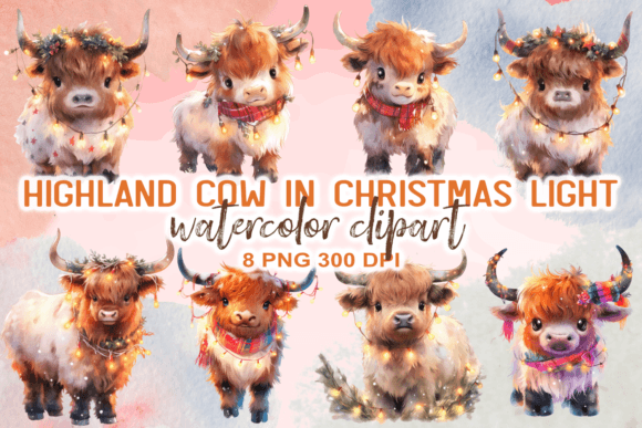Highland Cow in Christmas Light Clipart for Illustrations