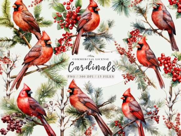 Red Cardinal Bird Clipart,Christmas Bird in Illustrations