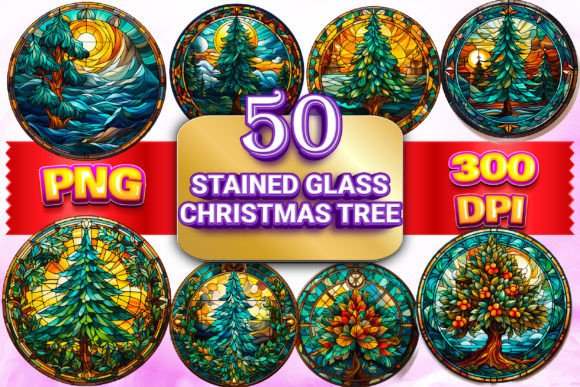 Stained Glass Christmas Tree Clip Art 5: Premium Illustrations for Holiday Branding