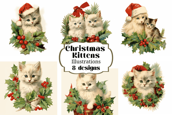 Victorian Christmas Kittens Cats Illustr in Design Assets