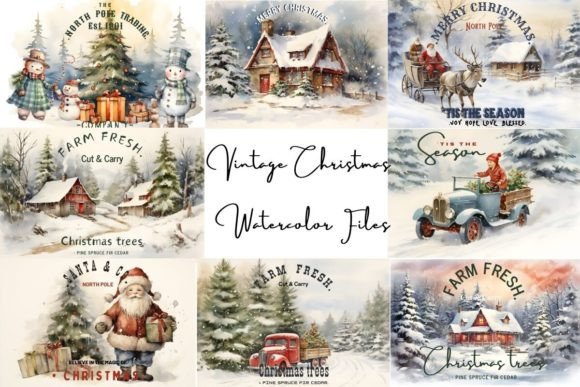 Vintage Christmas Watercolor Files for Editorial Illustrations