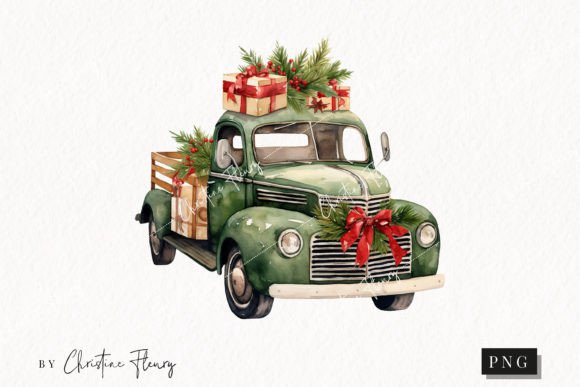 Vintage Green Christmas Truck Clipart for Illustrations