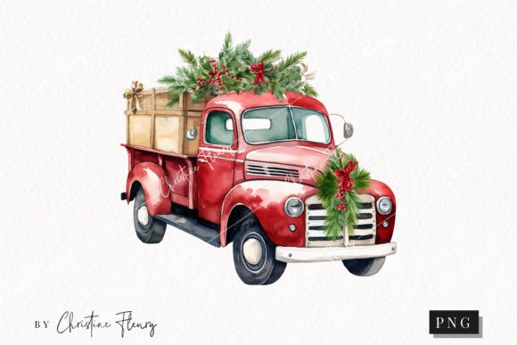 Vintage Red Christmas Truck Clipart and Illustrations