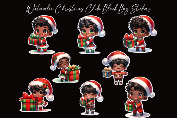 Watercolor Christmas Chibi Boy Stickers for Brand Illustrations