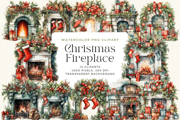 Watercolor Christmas Fireplace Cliparts for Cozy Illustrations
