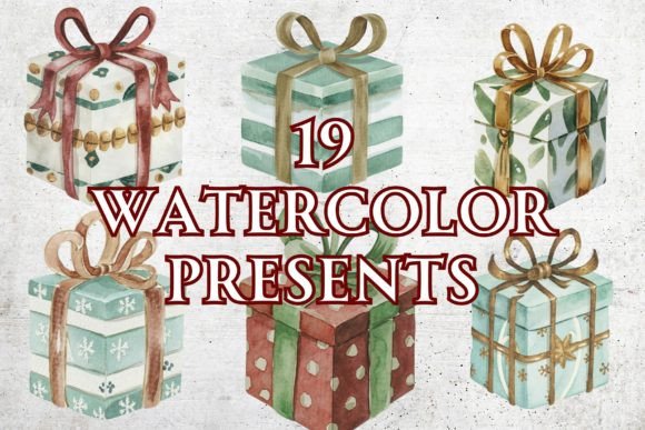 Watercolor Christmas Presents Clip Art for Branding Illustrations