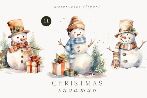Watercolor Christmas Snowman Clipart PNG for Illustrations