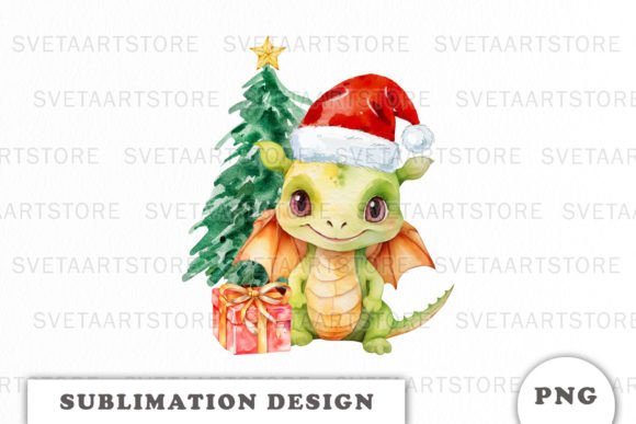 Watercolor Cute Christmas Dragon PNG for Illustrations