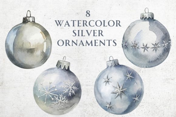 Watercolor Silver Christmas Ornaments: Premium Illustrations for Holiday Branding